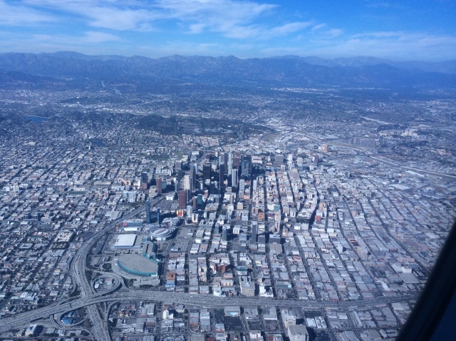 Descending to LA. The bunch of skyscrapers is the financial district at downtown LA.